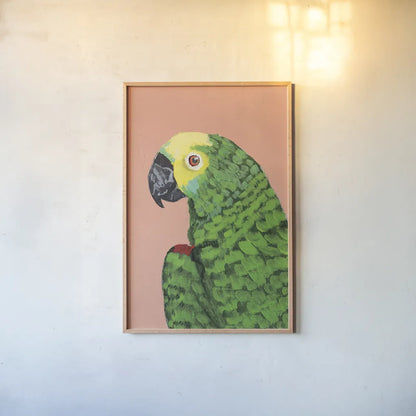 Parrot Head Crop by Pamela Munger. shown as a paper print in a natural frame. Available as a archival giclee rolled canvas, fine art paper, or poster print. SKU 72776h.