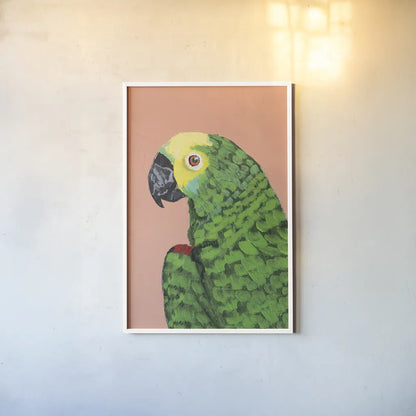 Parrot Head Crop by Pamela Munger. shown as a paper print in a white frame. Available as a archival giclee rolled canvas, fine art paper, or poster print. SKU 72776h.