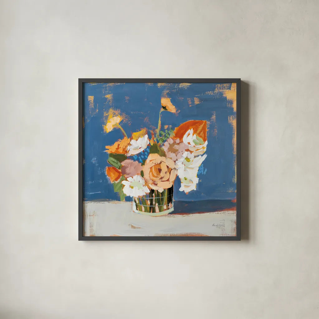 Peach and White Bouquet by Pamela Munger. Shown in a sleek black glass frame for a contemporary gallery look. Available as an archival giclee rolled canvas, fine art paper, or poster print. SKU 70682a.