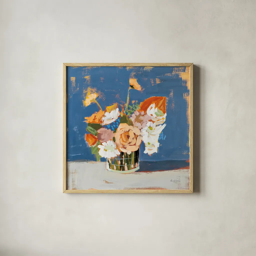 Peach and White Bouquet by Pamela Munger. Shown in a natural wood glass frame for a timeless modern aesthetic. Available as an archival giclee rolled canvas, fine art paper, or poster print. SKU 70682a.