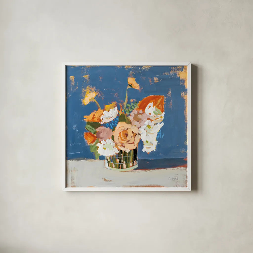 Peach and White Bouquet by Pamela Munger. Shown in a crisp white glass frame for a clean and minimalist style. Available as an archival giclee rolled canvas, fine art paper, or poster print. SKU 70682a.