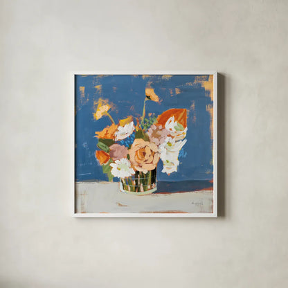 Peach and White Bouquet by Pamela Munger. Shown in a crisp white glass frame for a clean and minimalist style. Available as an archival giclee rolled canvas, fine art paper, or poster print. SKU 70682a.