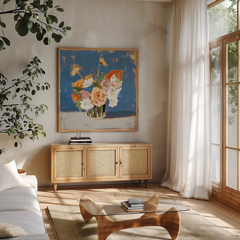 Peach and White Bouquet by Pamela Munger. Shown in a natural wood frame in a cozy modern living room. Available as an archival giclee rolled canvas, fine art paper, or poster print. SKU 70682a.