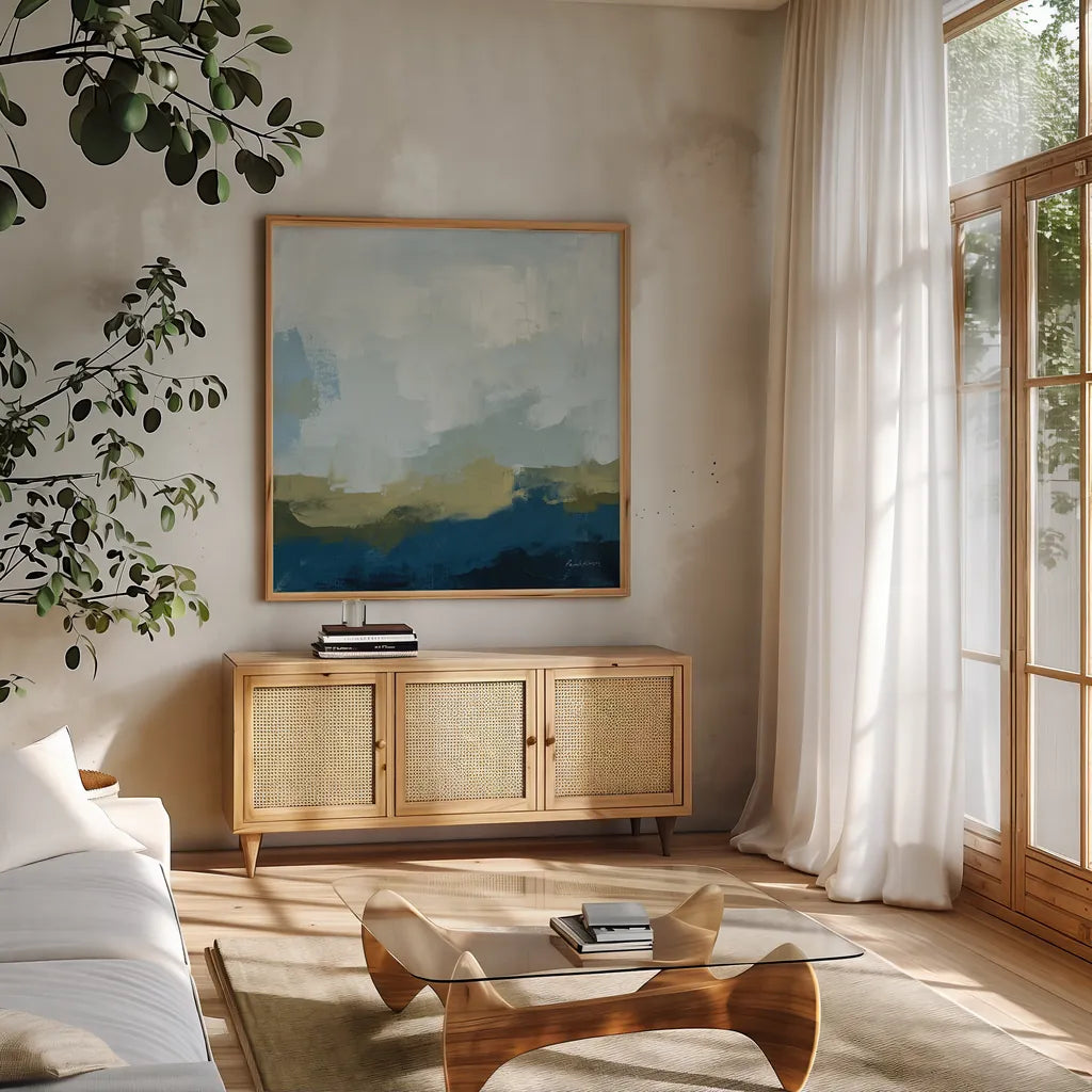 Peak by Pamela Munger. Shown in a natural wood frame in a cozy modern living room. Available as an archival giclee rolled canvas, fine art paper, or poster print. SKU 77772a.