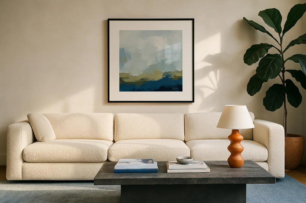 Peak by Pamela Munger. Displayed in a glass frame with matte in a clean modern living room. Available as an archival giclee rolled canvas, fine art paper, or poster print. SKU 77772a.