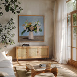 Pinks with Whites by Pamela Munger. Shown in a natural wood frame in a cozy modern living room. Available as an archival giclee rolled canvas, fine art paper, or poster print. SKU 83522a.