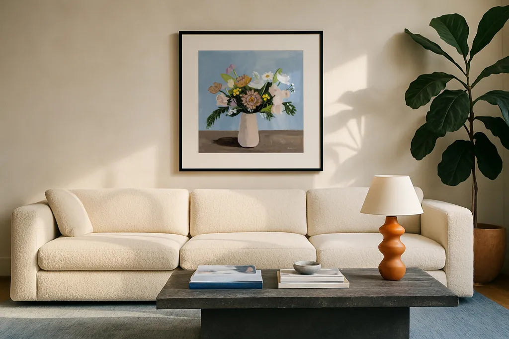 Pinks with Whites by Pamela Munger. Displayed in a glass frame with matte in a clean modern living room. Available as an archival giclee rolled canvas, fine art paper, or poster print. SKU 83522a.
