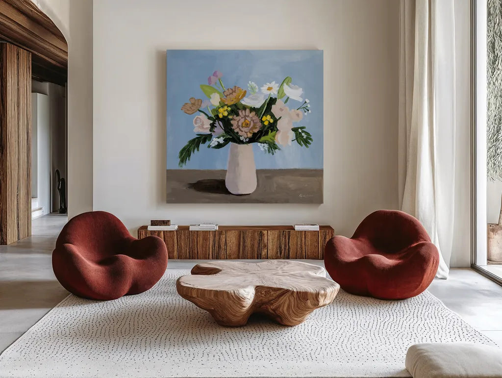 Pinks with Whites by Pamela Munger. Shown as extra-large giant wall art in a modern living room. Available as an archival giclee rolled canvas, fine art paper, or poster print. SKU 83522a.