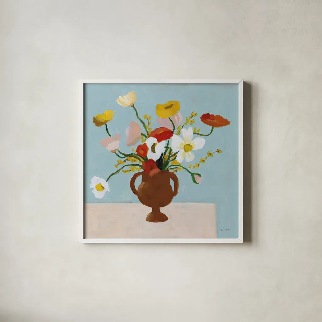 Popping by Pamela Munger. Shown in a crisp white glass frame for a clean and minimalist style. Available as an archival giclee rolled canvas, fine art paper, or poster print. SKU 100272a.