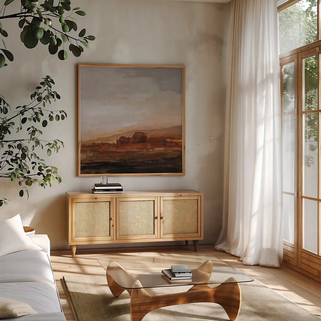 Redlands by Pamela Munger. Shown in a natural wood frame in a cozy modern living room. Available as an archival giclee rolled canvas, fine art paper, or poster print. SKU 96581a.