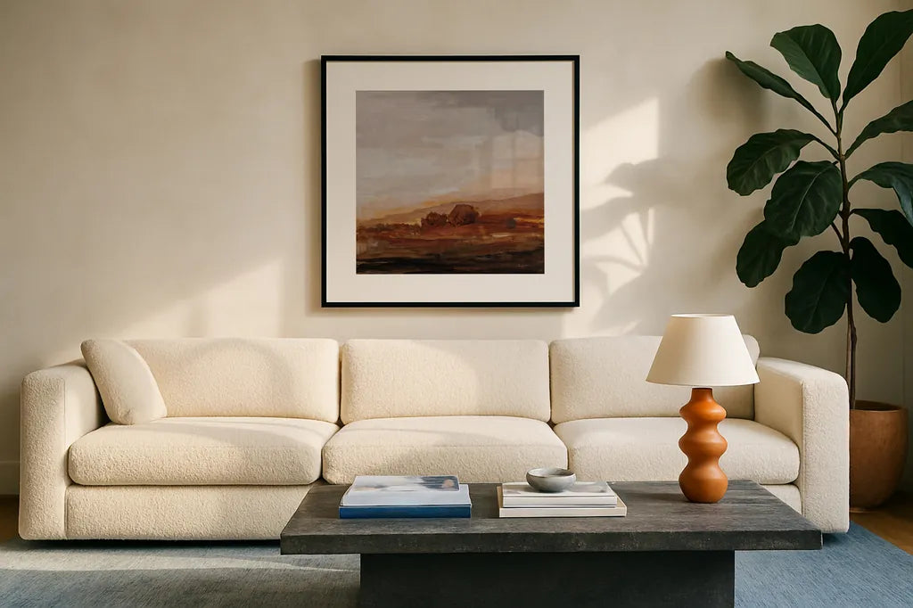 Redlands by Pamela Munger. Displayed in a glass frame with matte in a clean modern living room. Available as an archival giclee rolled canvas, fine art paper, or poster print. SKU 96581a.