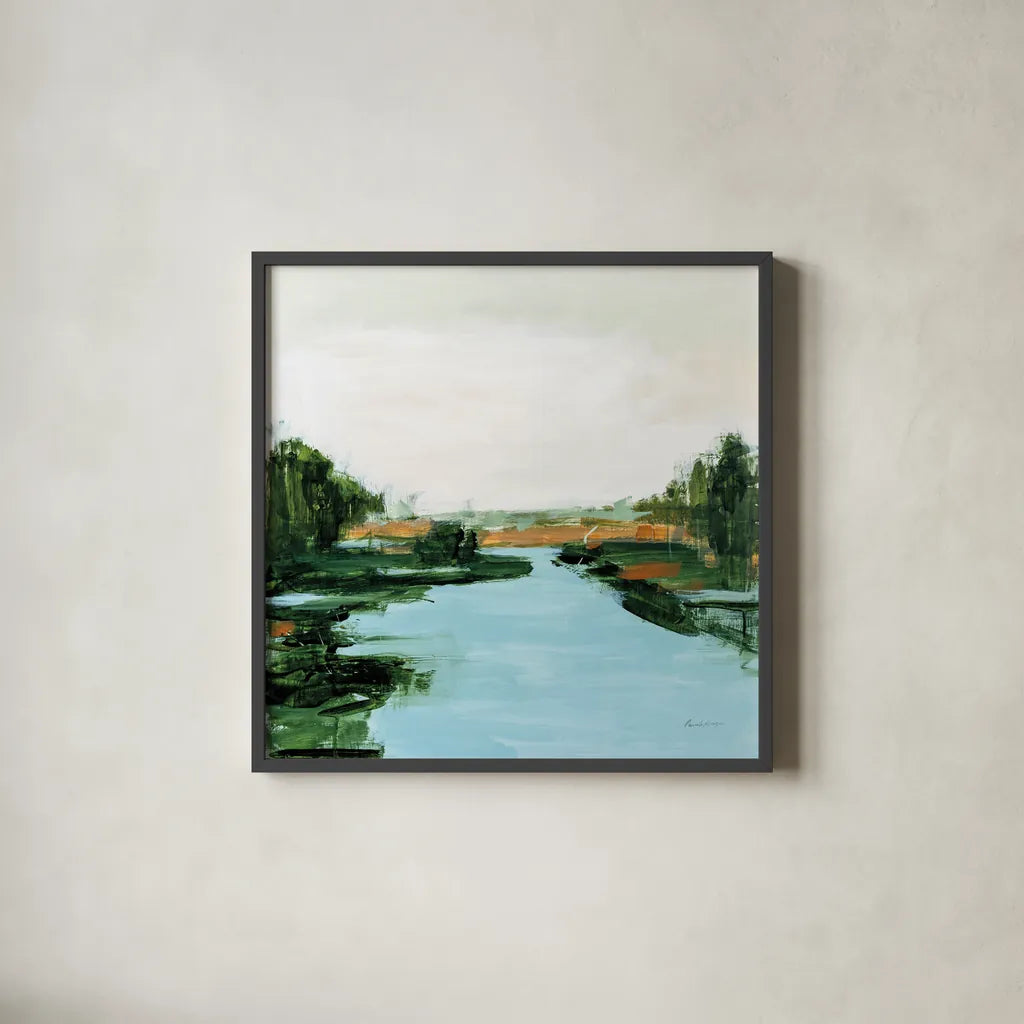 River Flowing Through by Pamela Munger. Shown in a sleek black glass frame for a contemporary gallery look. Available as an archival giclee rolled canvas, fine art paper, or poster print. SKU 70225a.