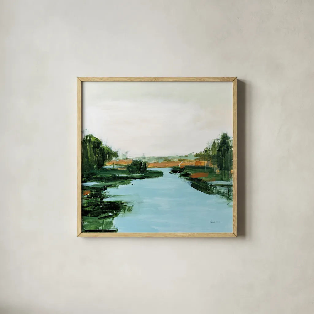 River Flowing Through by Pamela Munger. Shown in a natural wood glass frame for a timeless modern aesthetic. Available as an archival giclee rolled canvas, fine art paper, or poster print. SKU 70225a.