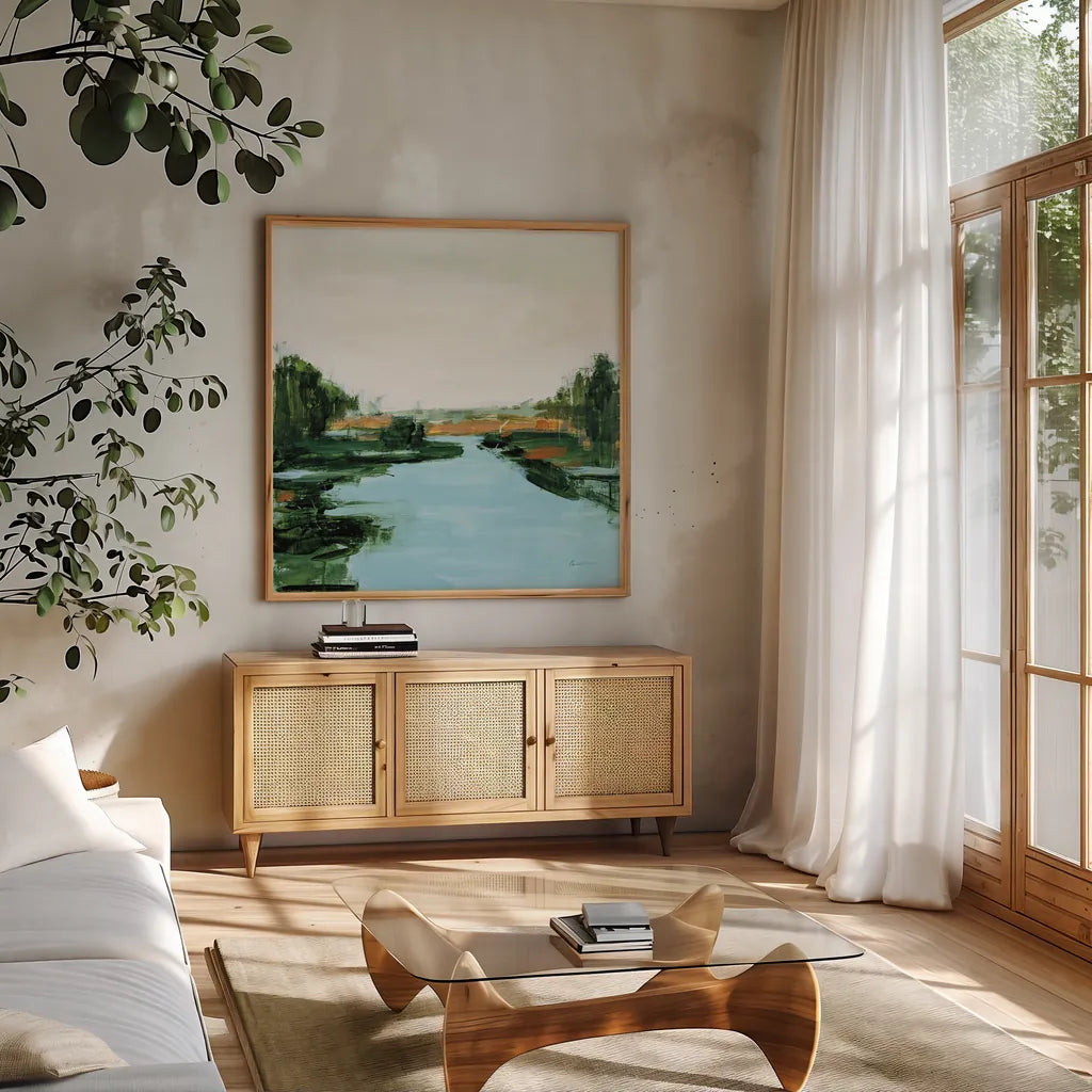 River Flowing Through by Pamela Munger. Shown in a natural wood frame in a cozy modern living room. Available as an archival giclee rolled canvas, fine art paper, or poster print. SKU 70225a.