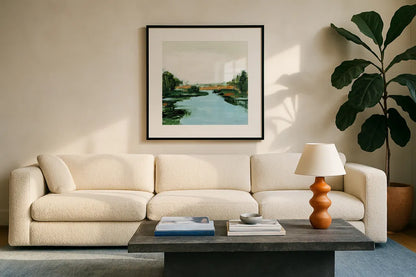 River Flowing Through by Pamela Munger. Displayed in a glass frame with matte in a clean modern living room. Available as an archival giclee rolled canvas, fine art paper, or poster print. SKU 70225a.