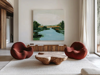 River Flowing Through by Pamela Munger. Shown as extra-large giant wall art in a modern living room. Available as an archival giclee rolled canvas, fine art paper, or poster print. SKU 70225a.
