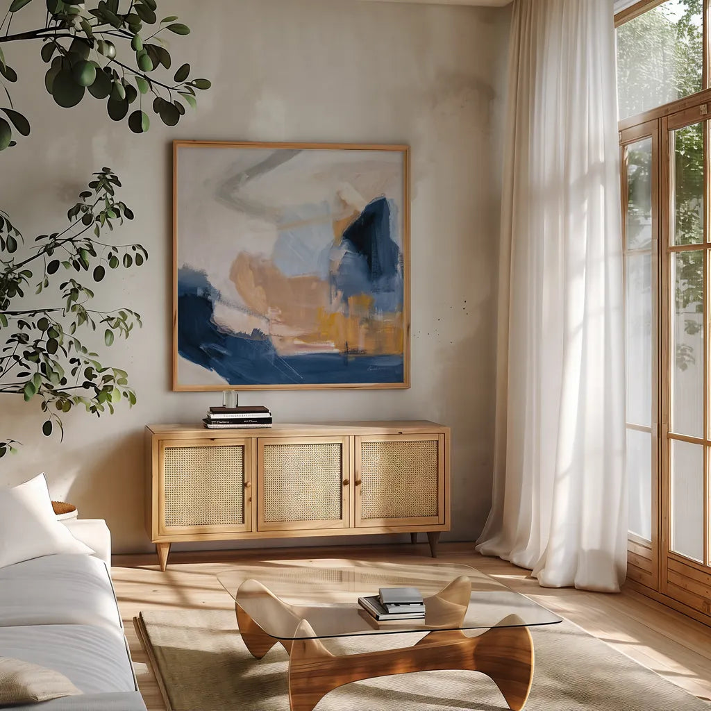 Riverbank by Pamela Munger. Shown in a natural wood frame in a cozy modern living room. Available as an archival giclee rolled canvas, fine art paper, or poster print. SKU 74473a.