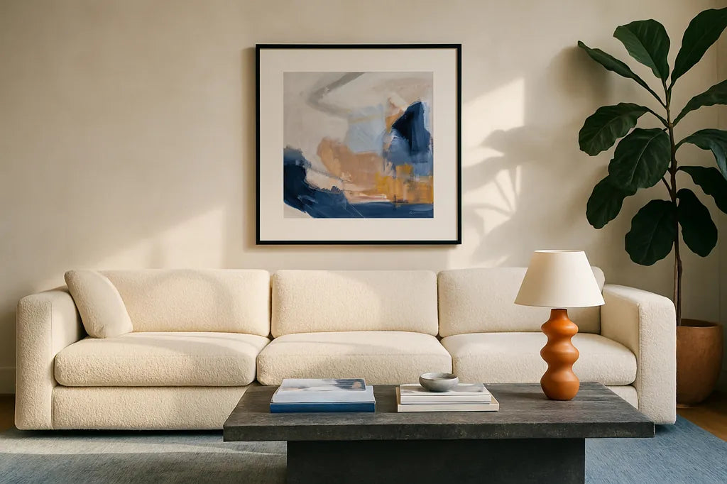 Riverbank by Pamela Munger. Displayed in a glass frame with matte in a clean modern living room. Available as an archival giclee rolled canvas, fine art paper, or poster print. SKU 74473a.