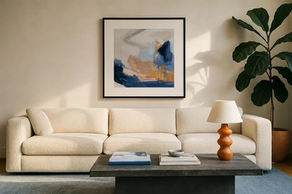 Riverbank by Pamela Munger. Displayed in a glass frame with matte in a clean modern living room. Available as an archival giclee rolled canvas, fine art paper, or poster print. SKU 74473a.