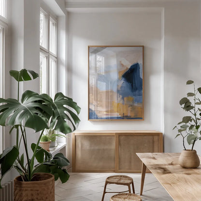 Riverbank Crop by Pamela Munger. shown as a print in a natural wood frame in a dining room. Available as a archival giclee rolled canvas, fine art paper, or poster print. SKU 74473h.