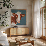 Rusty Blue by Pamela Munger. Shown in a natural wood frame in a cozy modern living room. Available as an archival giclee rolled canvas, fine art paper, or poster print. SKU 76390a.