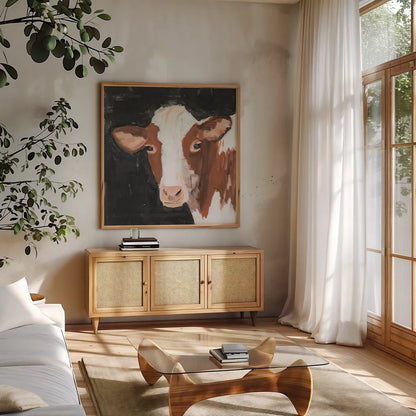 Rusty Flipped on Black by Pamela Munger. Shown in a natural wood frame in a cozy modern living room. Available as an archival giclee rolled canvas, fine art paper, or poster print. SKU 80751a.