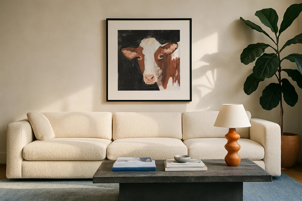 Rusty Flipped on Black by Pamela Munger. Displayed in a glass frame with matte in a clean modern living room. Available as an archival giclee rolled canvas, fine art paper, or poster print. SKU 80751a.
