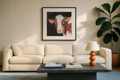 Rusty Flipped on Black by Pamela Munger. Displayed in a glass frame with matte in a clean modern living room. Available as an archival giclee rolled canvas, fine art paper, or poster print. SKU 80751a.