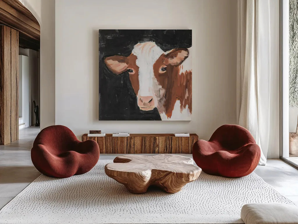Rusty Flipped on Black by Pamela Munger. Shown as extra-large giant wall art in a modern living room. Available as an archival giclee rolled canvas, fine art paper, or poster print. SKU 80751a.