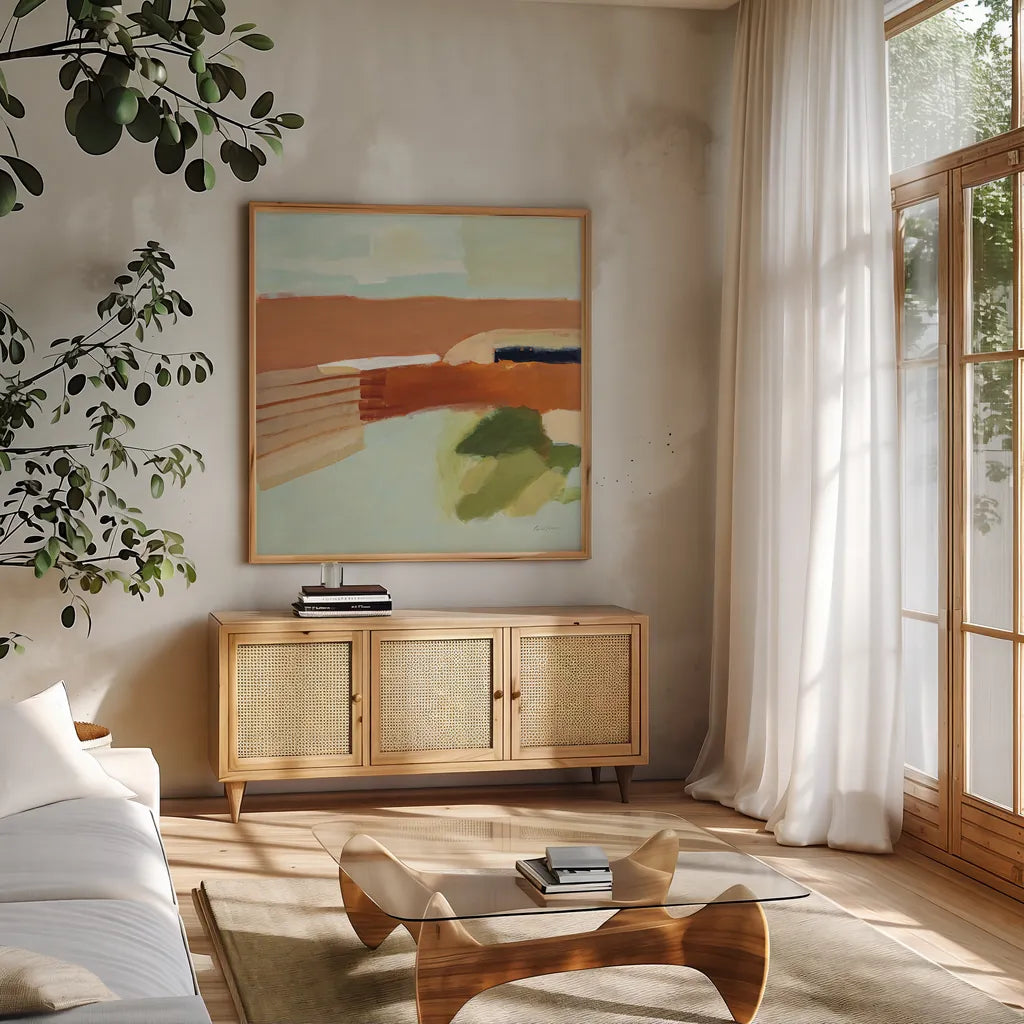 Secrets in the Desert by Pamela Munger. Shown in a natural wood frame in a cozy modern living room. Available as an archival giclee rolled canvas, fine art paper, or poster print. SKU 79976a.