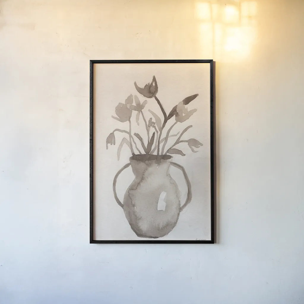 Sepia Vase by Pamela Munger. shown as a paper print in a black flame. Available as a archival giclee rolled canvas, fine art paper, or poster print. SKU 96343h.
