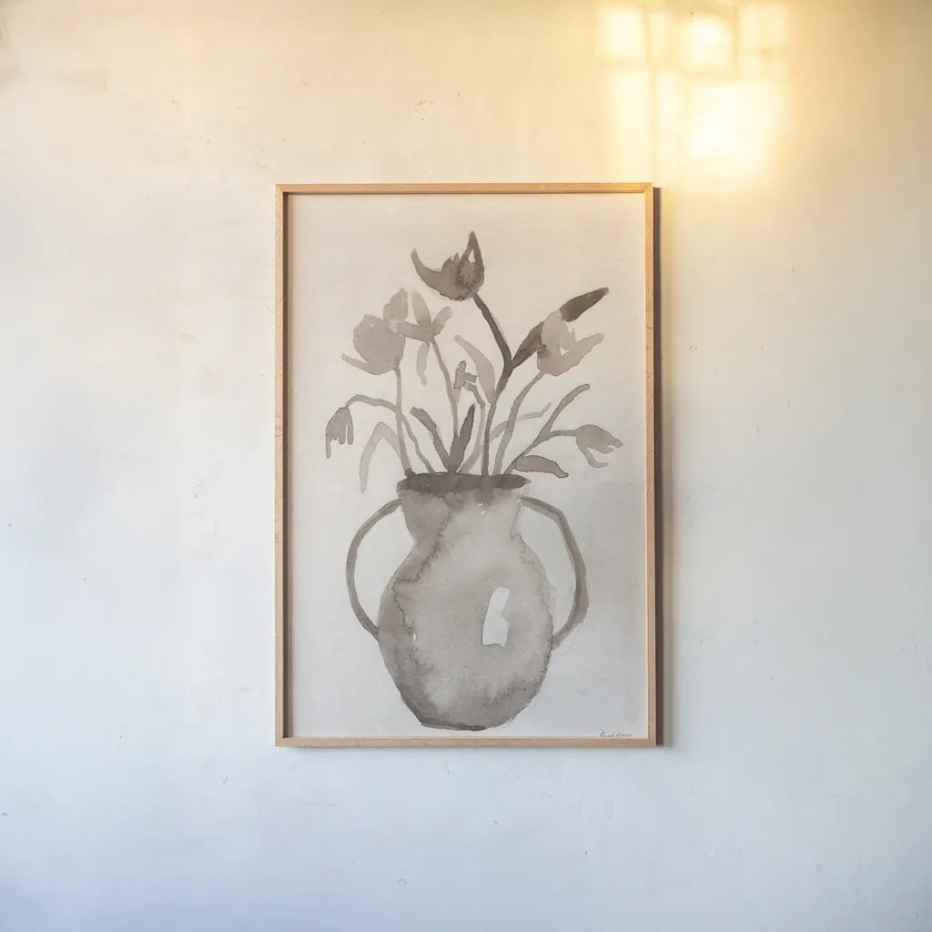 Sepia Vase by Pamela Munger. shown as a paper print in a natural frame. Available as a archival giclee rolled canvas, fine art paper, or poster print. SKU 96343h.
