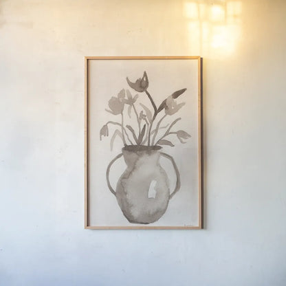 Sepia Vase by Pamela Munger. shown as a paper print in a natural frame. Available as a archival giclee rolled canvas, fine art paper, or poster print. SKU 96343h.