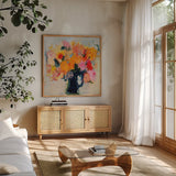 Showy by Pamela Munger. Shown in a natural wood frame in a cozy modern living room. Available as an archival giclee rolled canvas, fine art paper, or poster print. SKU 86905a.