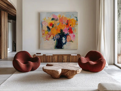 Showy by Pamela Munger. Shown as extra-large giant wall art in a modern living room. Available as an archival giclee rolled canvas, fine art paper, or poster print. SKU 86905a.