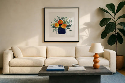 Simplicity Bouquet I by Pamela Munger. Displayed in a glass frame with matte in a clean modern living room. Available as an archival giclee rolled canvas, fine art paper, or poster print. SKU 68960a.