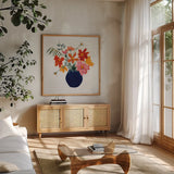 Simplicity Bouquet II by Pamela Munger. Shown in a natural wood frame in a cozy modern living room. Available as an archival giclee rolled canvas, fine art paper, or poster print. SKU 68961a.