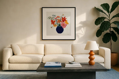 Simplicity Bouquet II Leaves by Pamela Munger. Displayed in a glass frame with matte in a clean modern living room. Available as an archival giclee rolled canvas, fine art paper, or poster print. SKU 70483a.