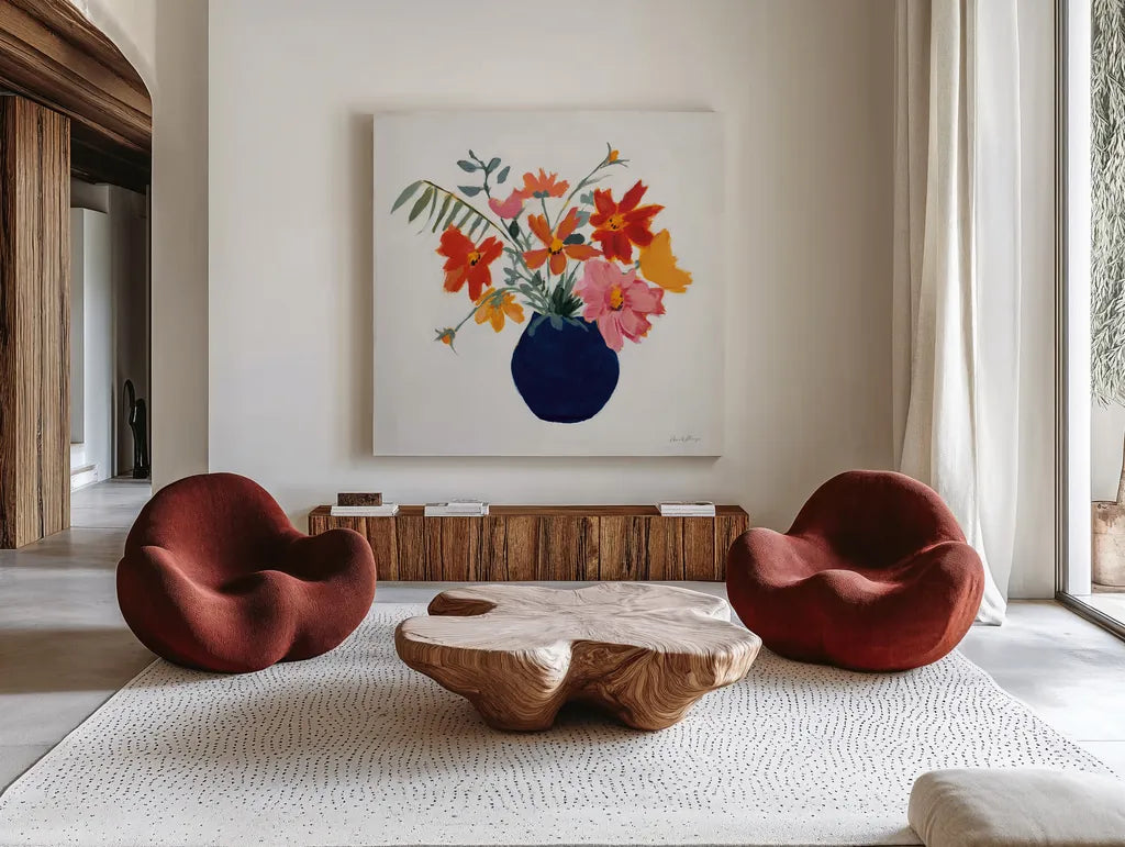 Simplicity Bouquet II Leaves by Pamela Munger. Shown as extra-large giant wall art in a modern living room. Available as an archival giclee rolled canvas, fine art paper, or poster print. SKU 70483a.
