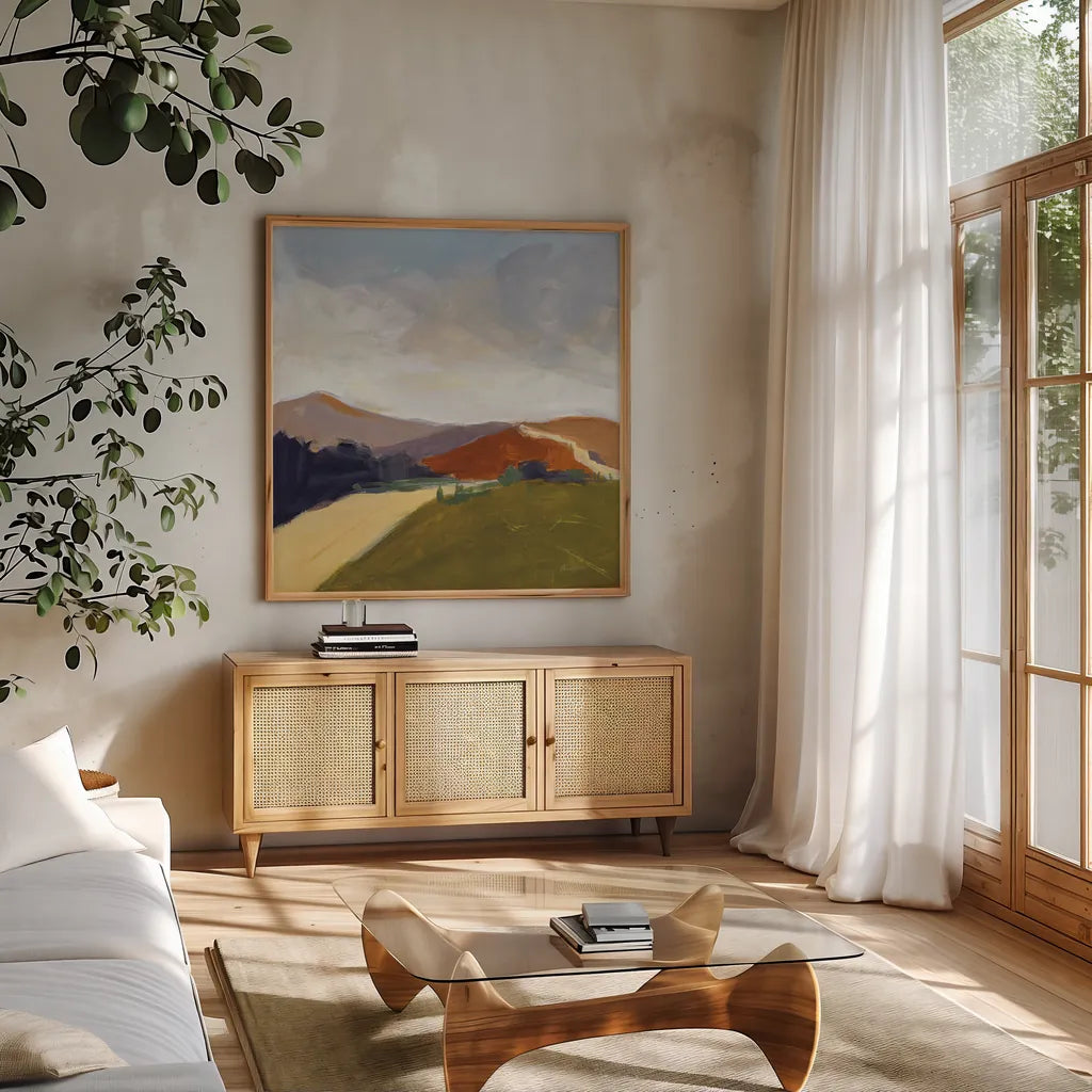 Sing to the Mountains by Pamela Munger. Shown in a natural wood frame in a cozy modern living room. Available as an archival giclee rolled canvas, fine art paper, or poster print. SKU 82845a.