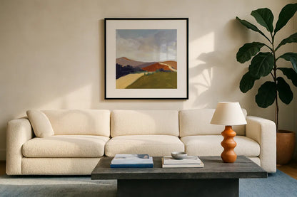 Sing to the Mountains by Pamela Munger. Displayed in a glass frame with matte in a clean modern living room. Available as an archival giclee rolled canvas, fine art paper, or poster print. SKU 82845a.