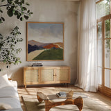 Sing to the Mountains Green by Pamela Munger. Shown in a natural wood frame in a cozy modern living room. Available as an archival giclee rolled canvas, fine art paper, or poster print. SKU 83258a.