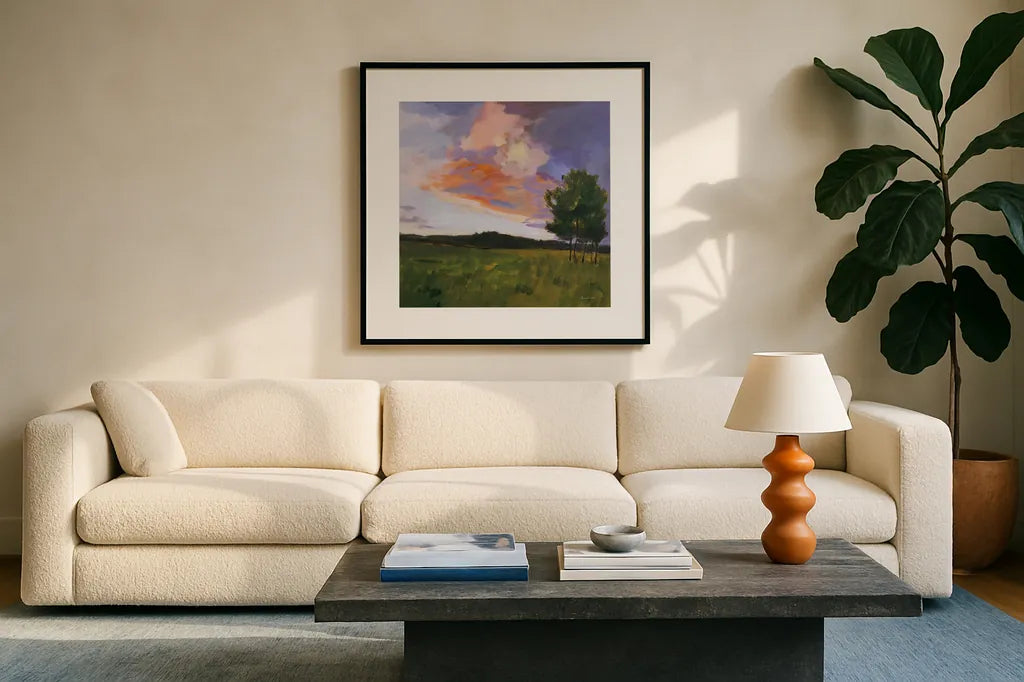 Sky High by Pamela Munger. Displayed in a glass frame with matte in a clean modern living room. Available as an archival giclee rolled canvas, fine art paper, or poster print. SKU 101615a.
