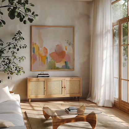 Sonoran Summer by Pamela Munger. Shown in a natural wood frame in a cozy modern living room. Available as an archival giclee rolled canvas, fine art paper, or poster print. SKU 68968a.