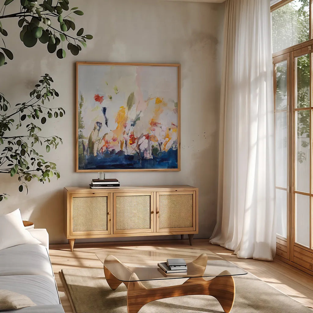 Spontaneous Summer II by Pamela Munger. Shown in a natural wood frame in a cozy modern living room. Available as an archival giclee rolled canvas, fine art paper, or poster print. SKU 70227a.