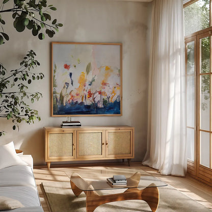 Spontaneous Summer II by Pamela Munger. Shown in a natural wood frame in a cozy modern living room. Available as an archival giclee rolled canvas, fine art paper, or poster print. SKU 70227a.
