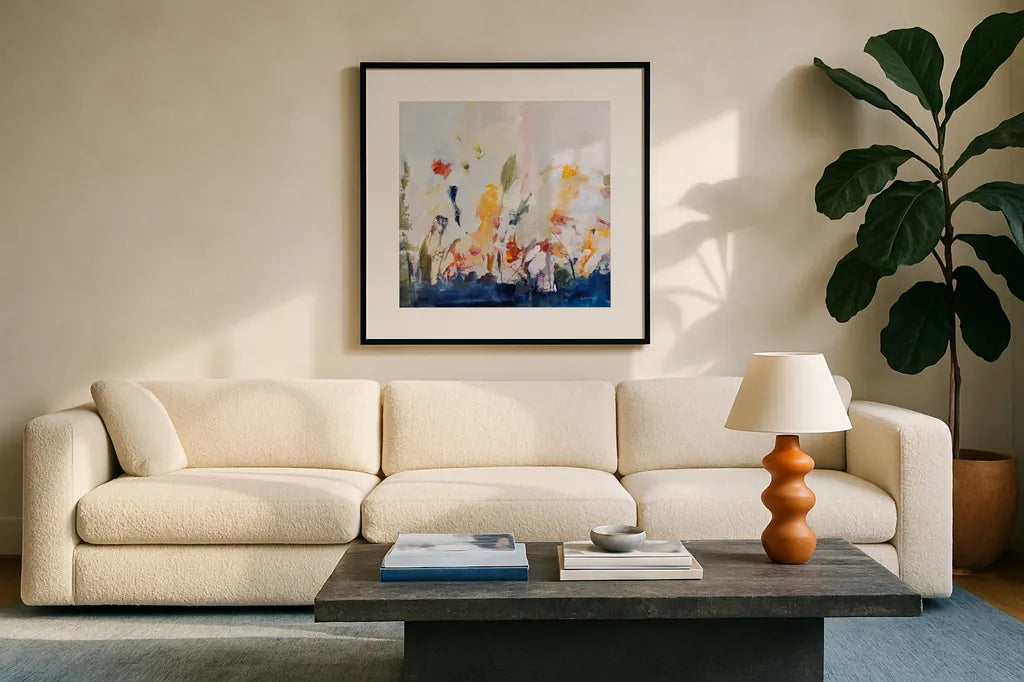 Spontaneous Summer II by Pamela Munger. Displayed in a glass frame with matte in a clean modern living room. Available as an archival giclee rolled canvas, fine art paper, or poster print. SKU 70227a.