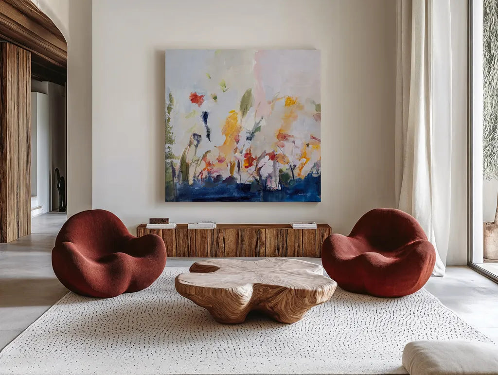 Spontaneous Summer II by Pamela Munger. Shown as extra-large giant wall art in a modern living room. Available as an archival giclee rolled canvas, fine art paper, or poster print. SKU 70227a.