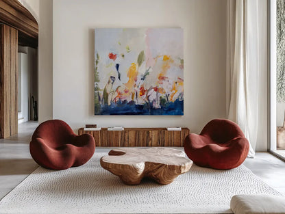 Spontaneous Summer II by Pamela Munger. Shown as extra-large giant wall art in a modern living room. Available as an archival giclee rolled canvas, fine art paper, or poster print. SKU 70227a.