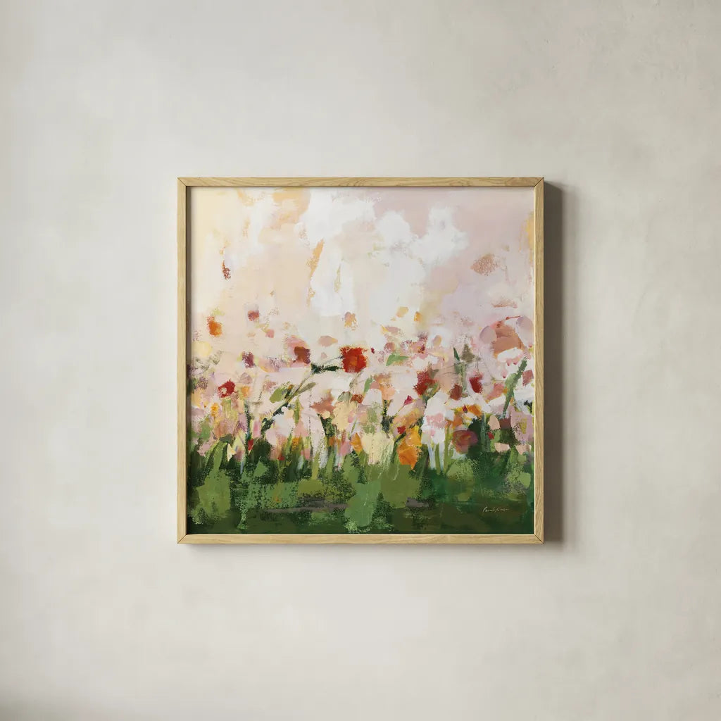 Spontaneous Summer III by Pamela Munger. Shown in a natural wood glass frame for a timeless modern aesthetic. Available as an archival giclee rolled canvas, fine art paper, or poster print. SKU 70228a.